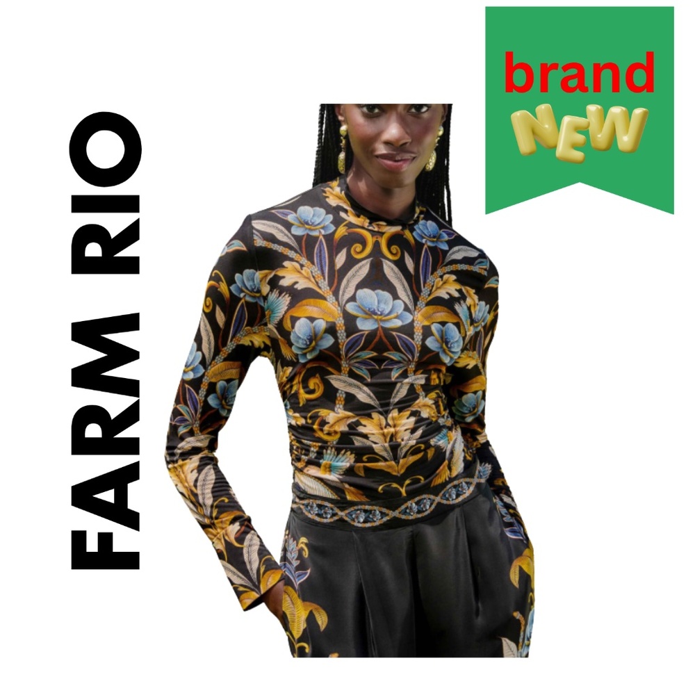 Farm Rio Black Flowerful Garden Jersey Blouse Size L - New with Tags